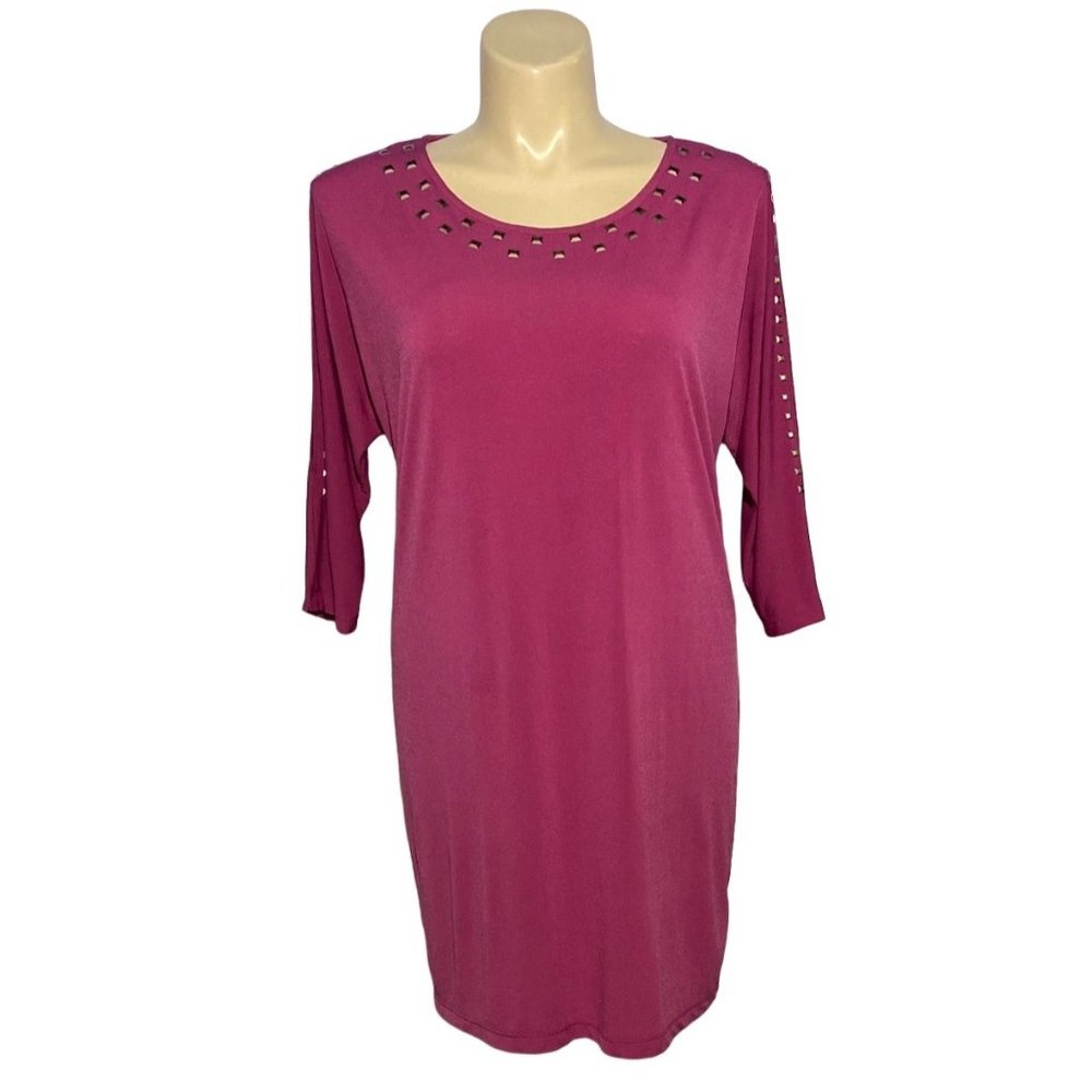 Jones New York L Dress Shift Jersey Knit Dark Purple Bronze Beading 3/4 Sl Cute